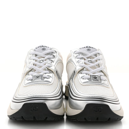 Chanel Fabric Laminated Calfskin Stretch CC Sneakers 39 White Silver 2 of 9