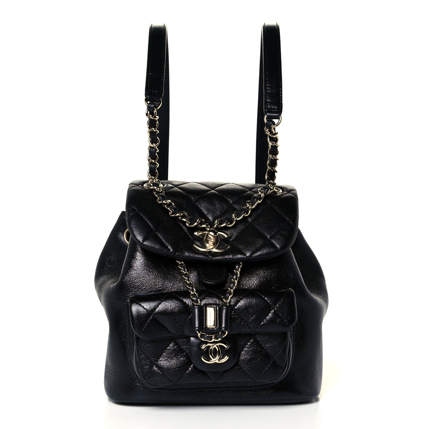 Glazed Aged Calfskin Quilted Small Duma Drawstring Backpack Black
