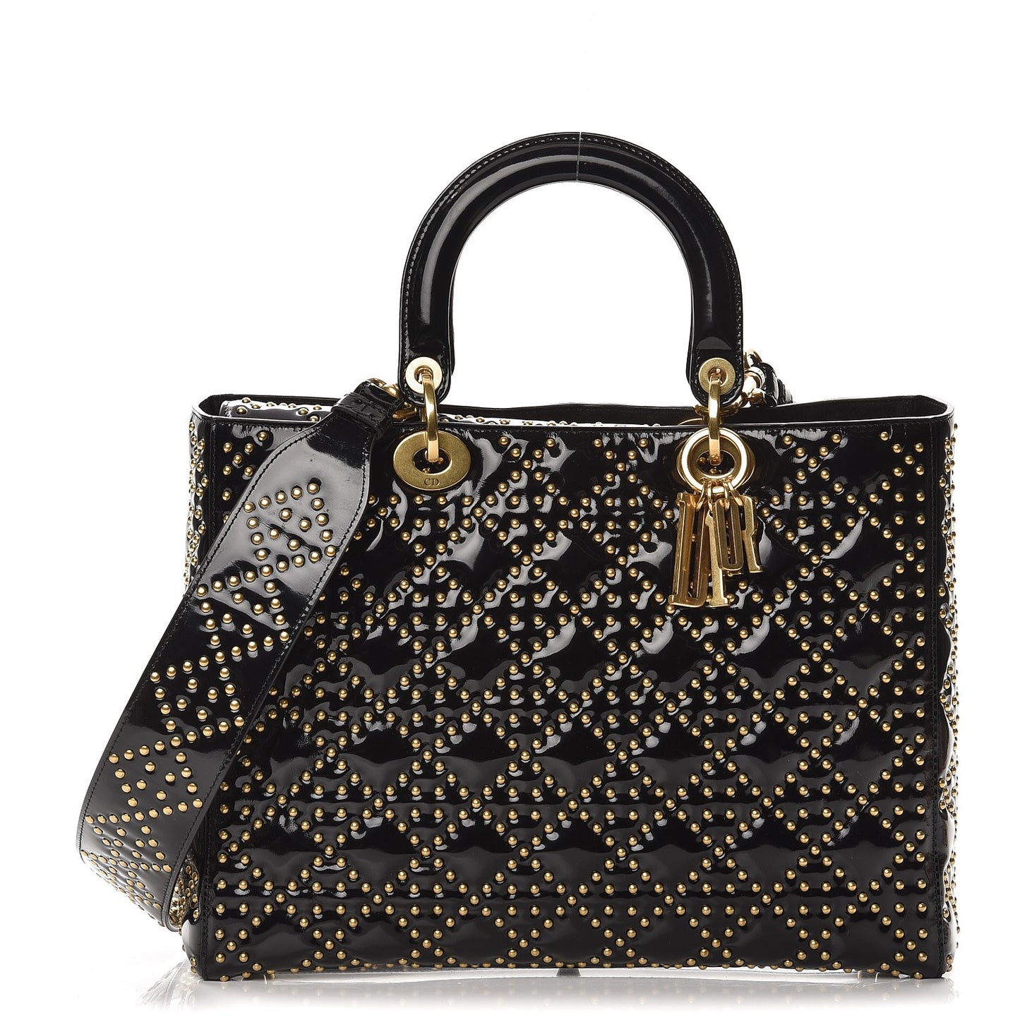Patent Cannage Studded Large Lady Dior Black