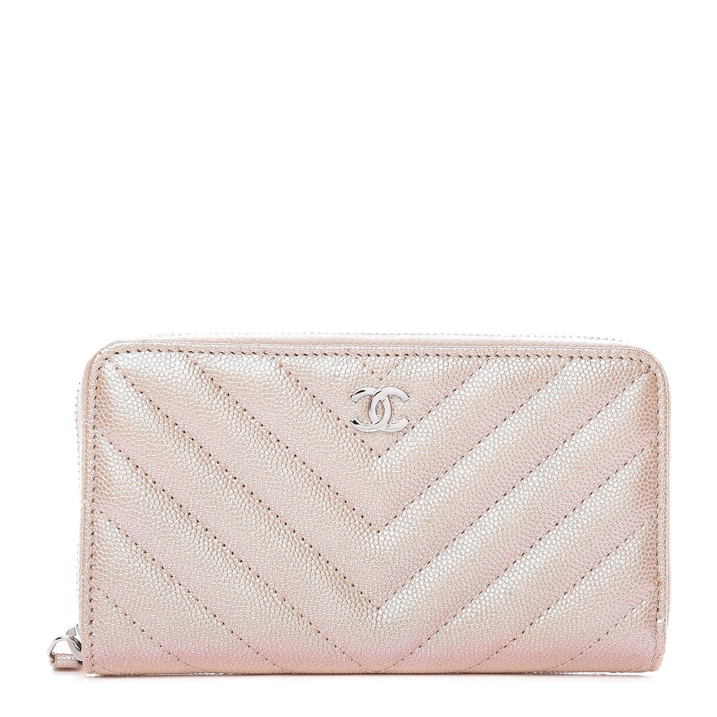 Metallic Caviar Chevron Quilted Small Zip Around Wallet Light Gold
