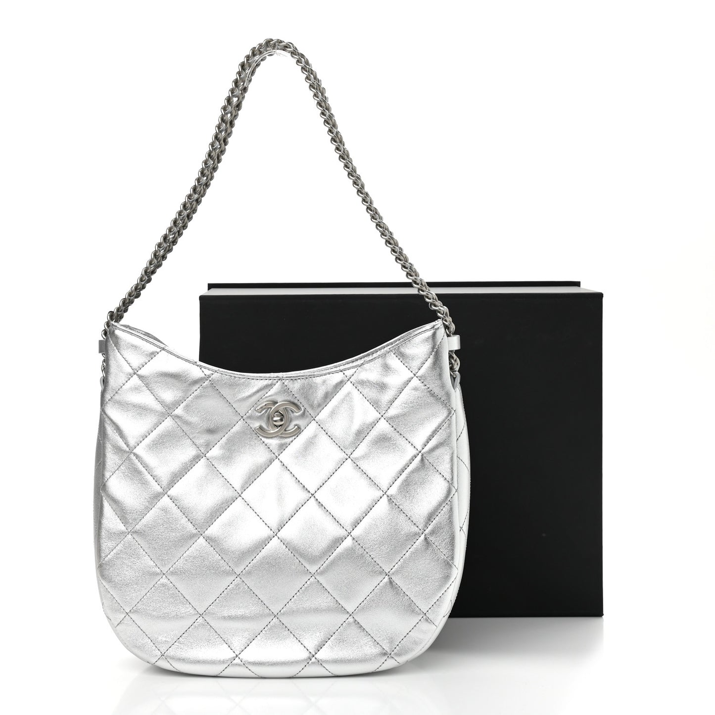 Metallic Lambskin Chain Rows Quilted Chain Hobo Silver