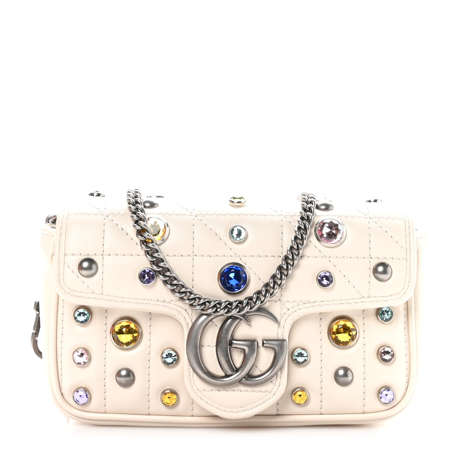Calfskin Crystal Matelasse Aria Super Mini GG Marmont Shoulder Bag Mystic White Multicolor
