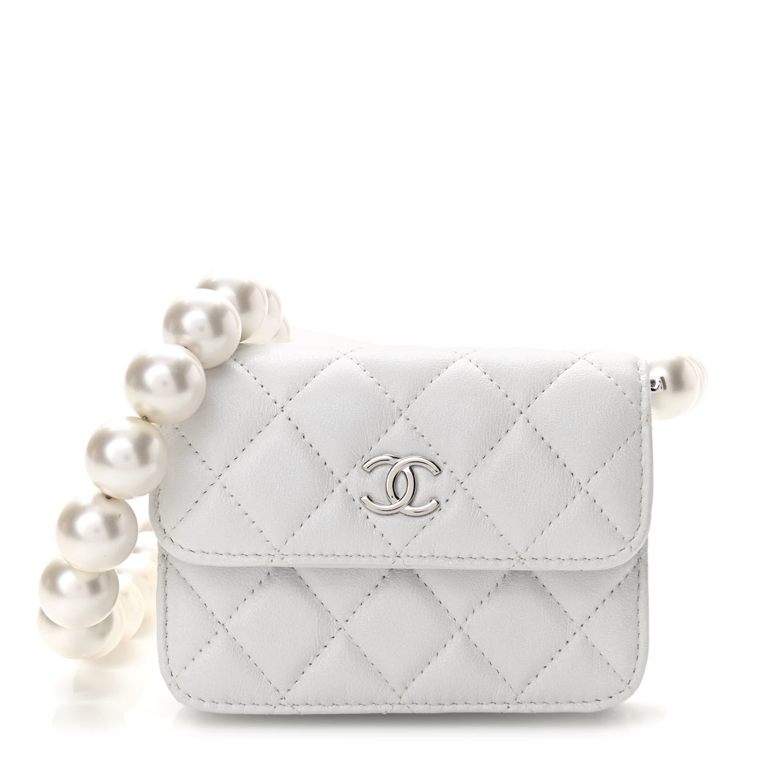Chanel Calfskin Quilted Maxi Pearls Card Holder Flap With Chain White 1 of 11