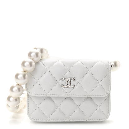 Chanel Calfskin Quilted Maxi Pearls Card Holder Flap With Chain White 1 of 11