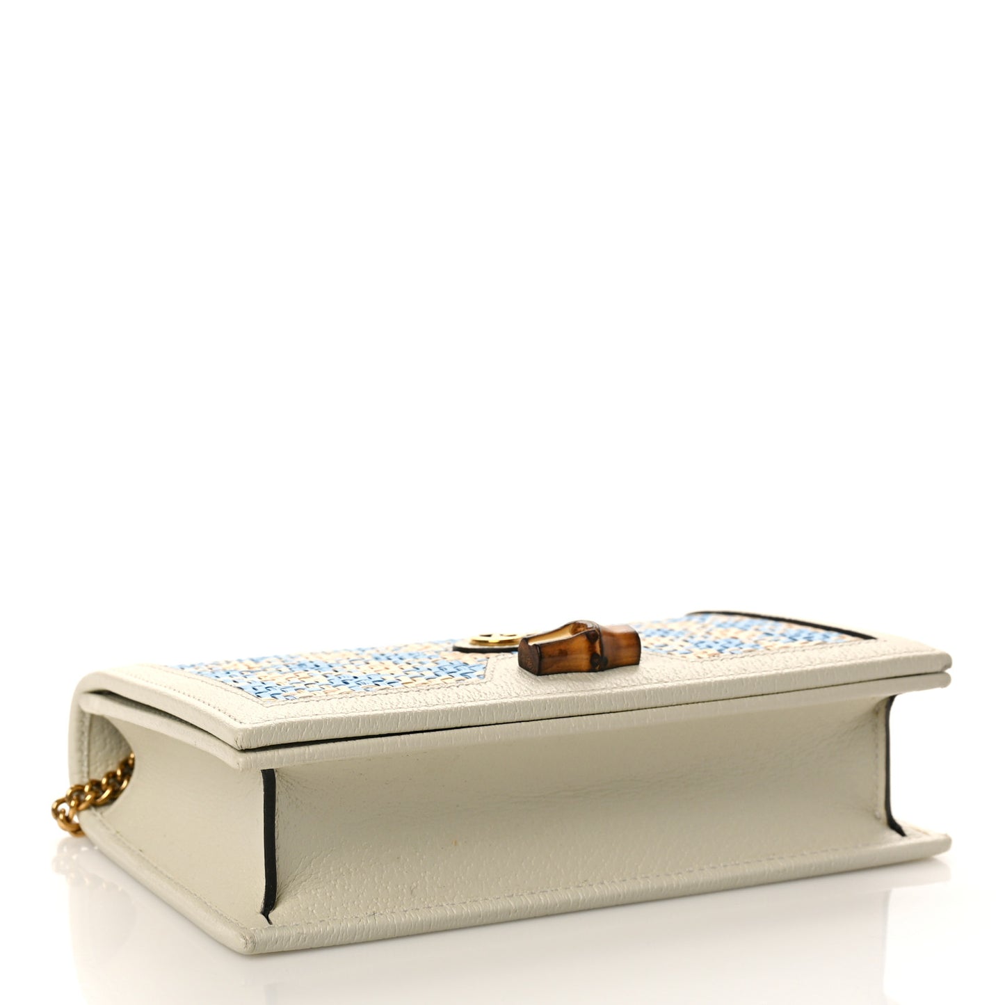 Polished Raffia Textured Dollar Calfskin Houndstooth Mini Diana Chain Bag Natural Light Blue Mystic White
