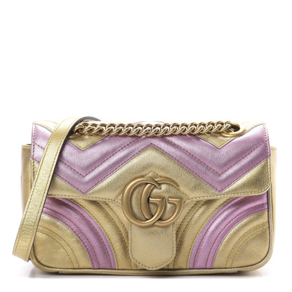 Gucci Metallic Calfskin Matelasse Mini GG Marmont Shoulder Bag Gold Pink 1 of 10