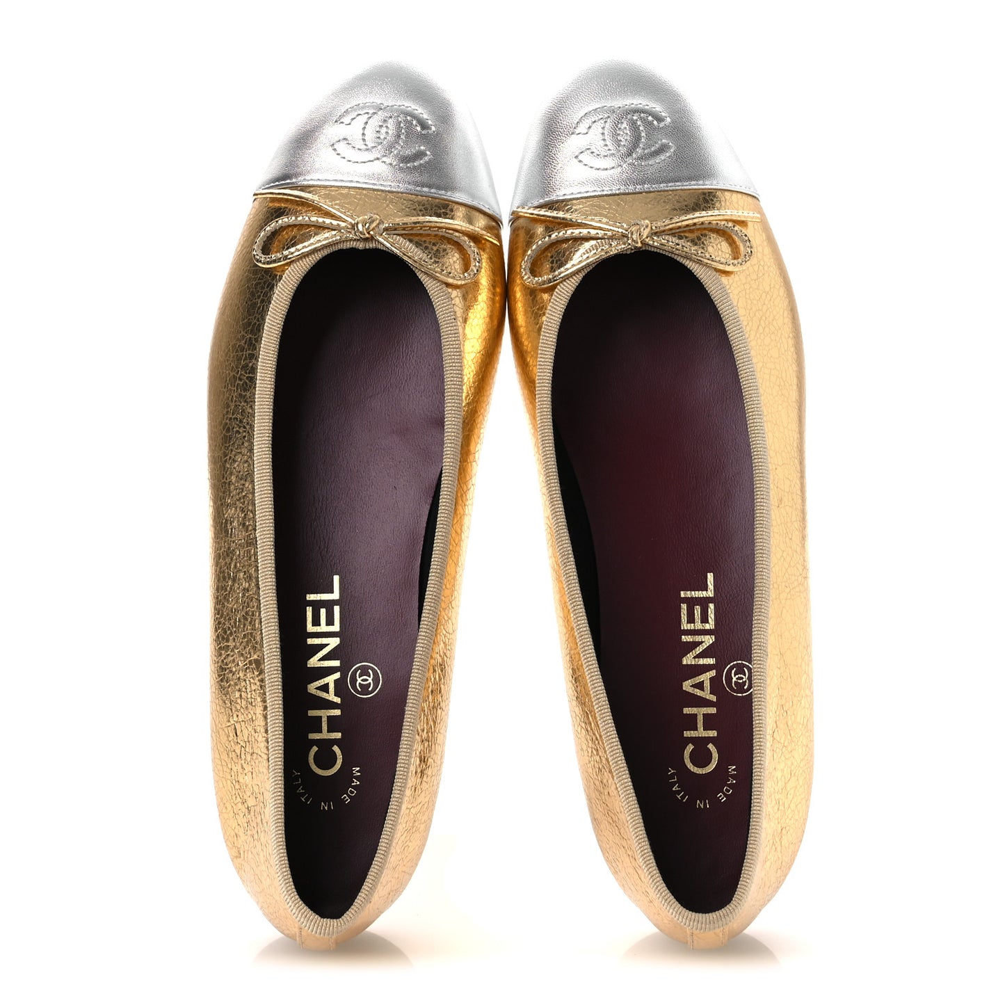 Metallic Crackled Laminated Calfskin CC Cap Toe Ballerina Flats 37.5 Gold Silver