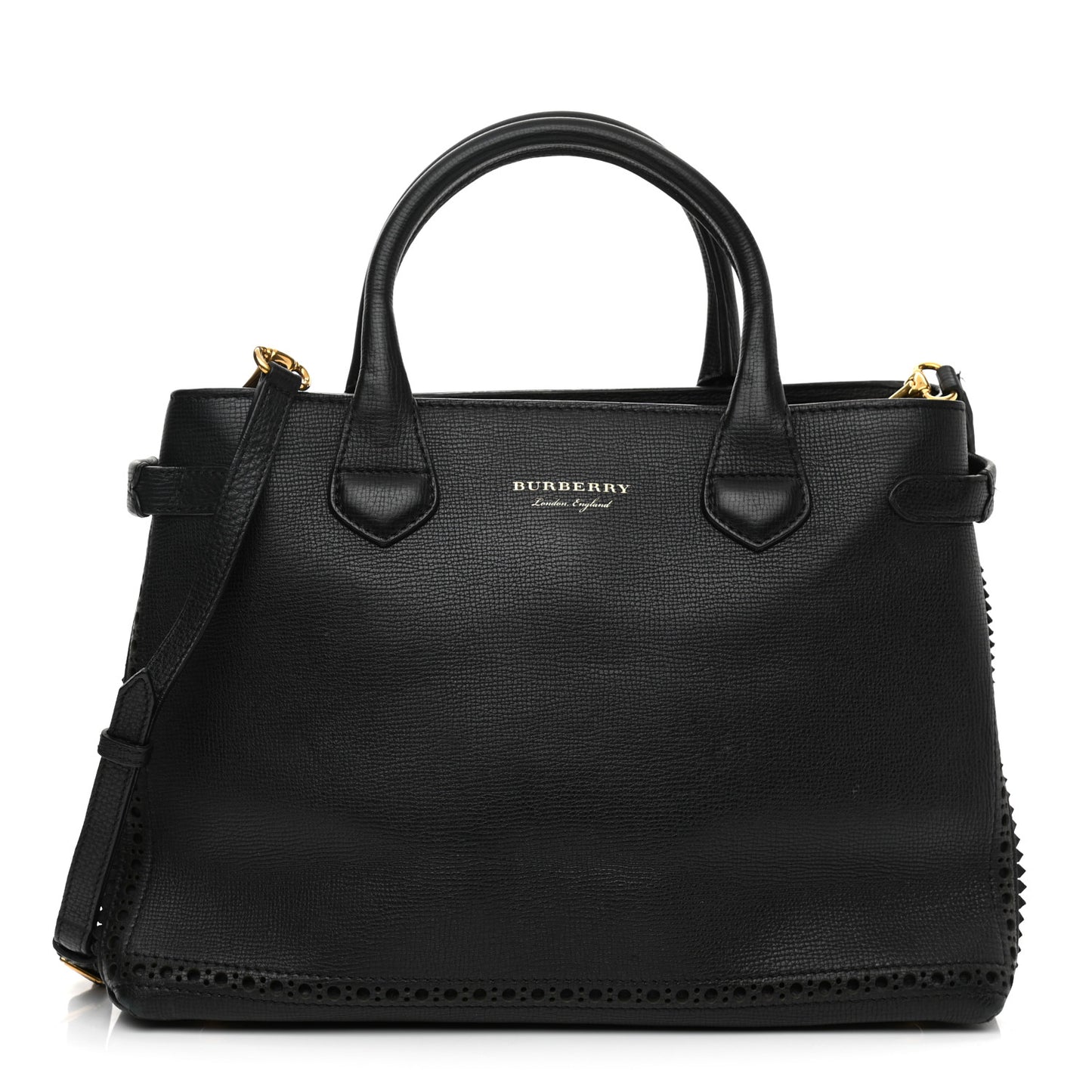 Grainy Calfskin Perforated Medium Broguing Tassel Banner Tote Black
