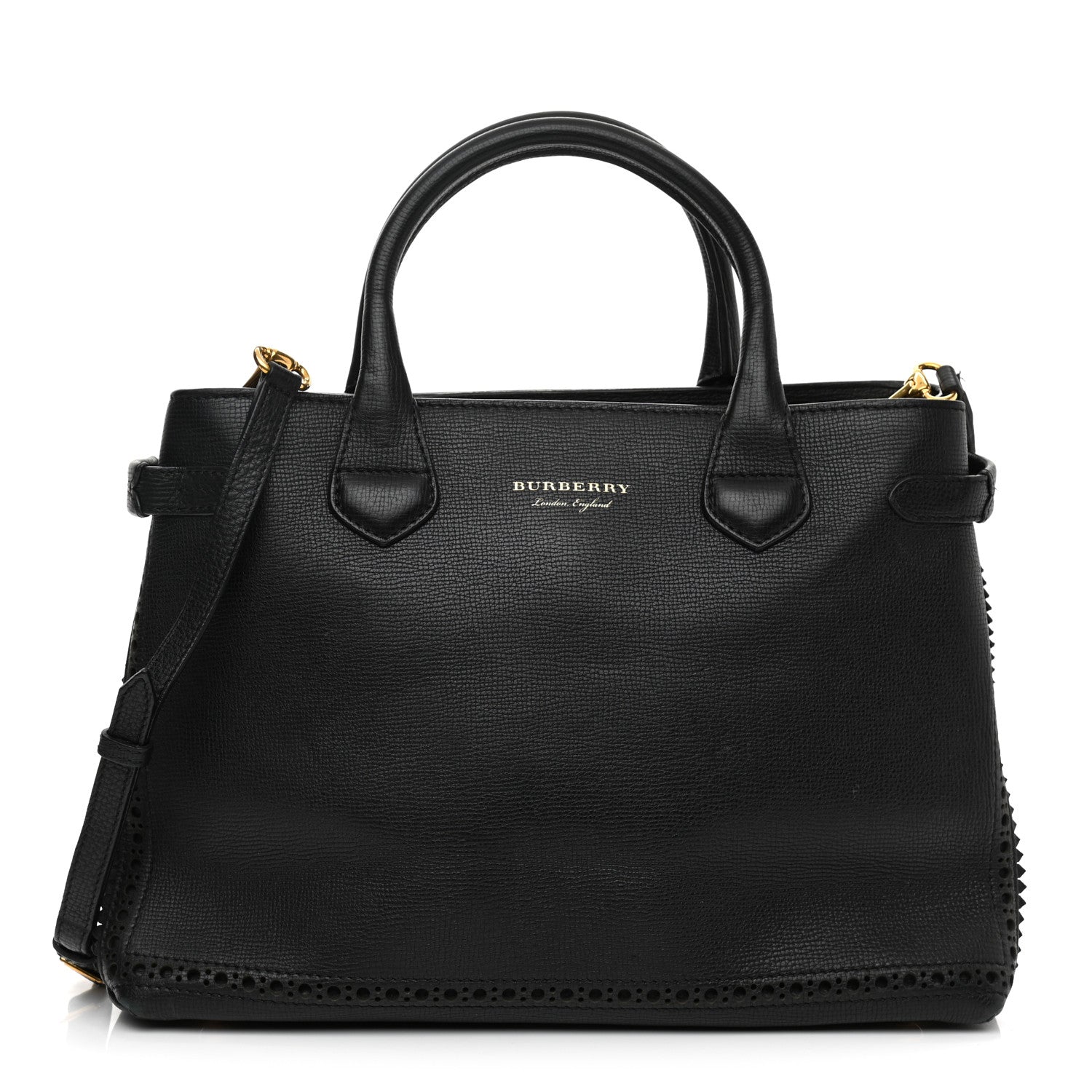 Burberry Grainy Calfskin Perforated Medium Broguing Tassel Banner Tote Black 1 of 9