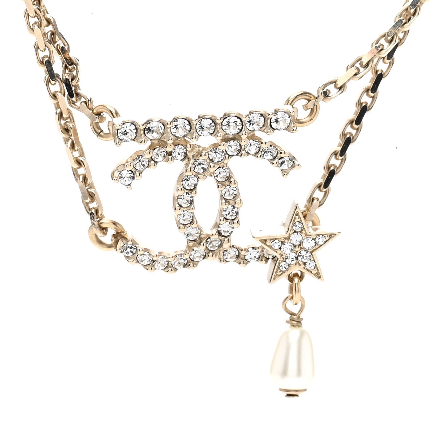 Chanel Pearl Crystal CC Star Choker Necklace Gold 3 of 5
