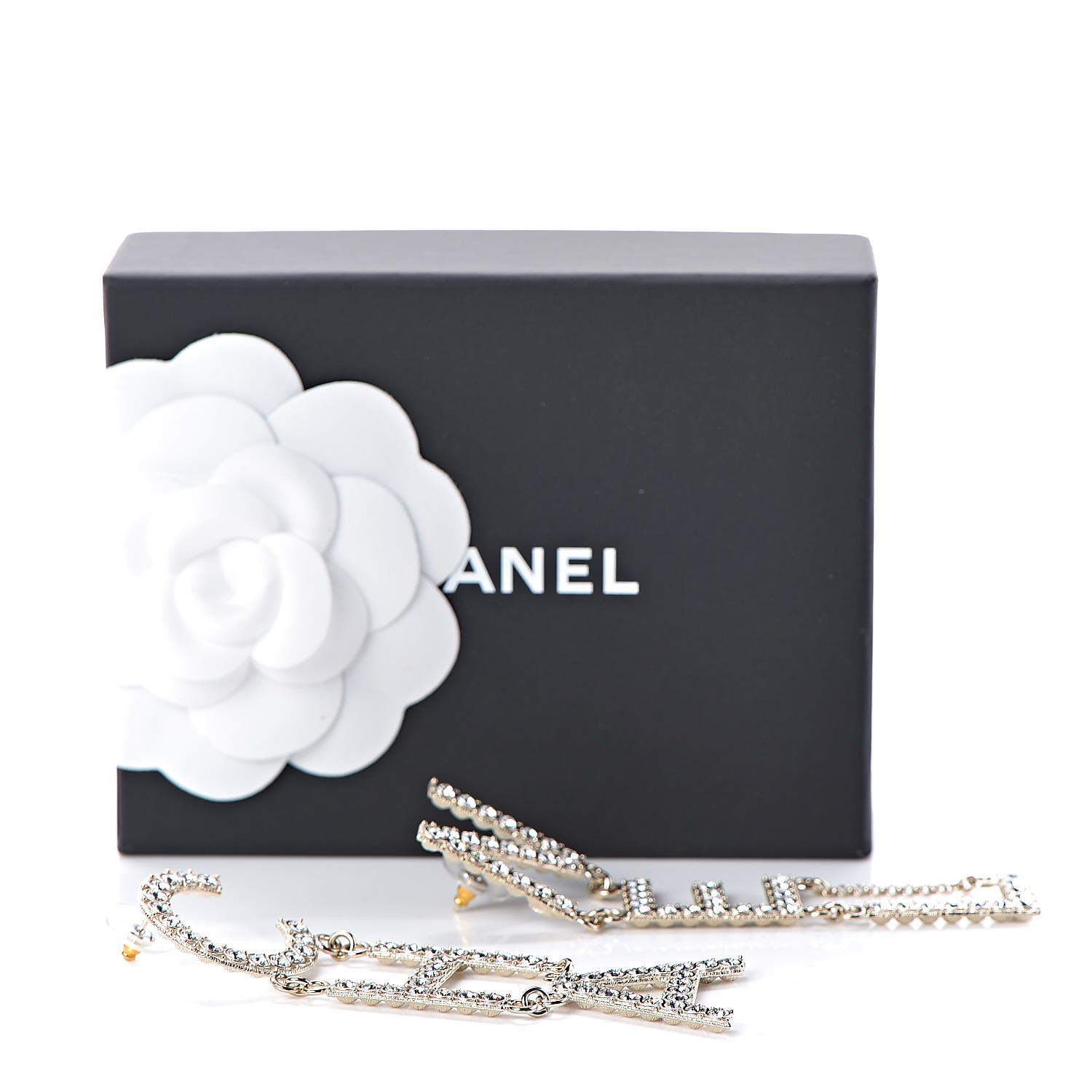 Chanel Crystal Cha-Nel Logo Drop Earrings Gold 6 of 6