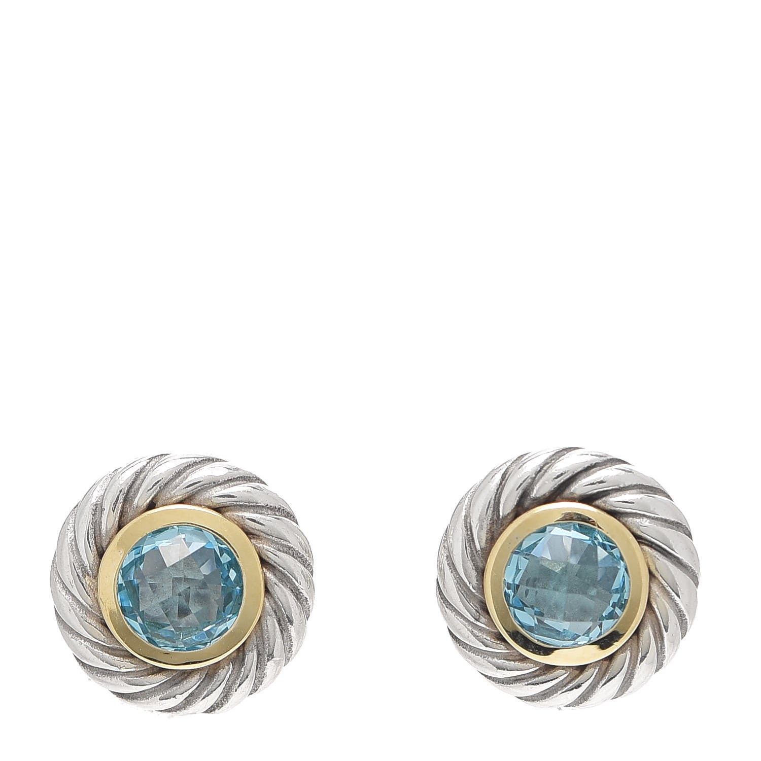 David Yurman Sterling Silver 18K Yellow Gold Blue Topaz Cookie Cable Earrings 1 of 4