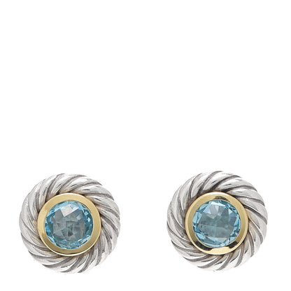 David Yurman Sterling Silver 18K Yellow Gold Blue Topaz Cookie Cable Earrings 1 of 4
