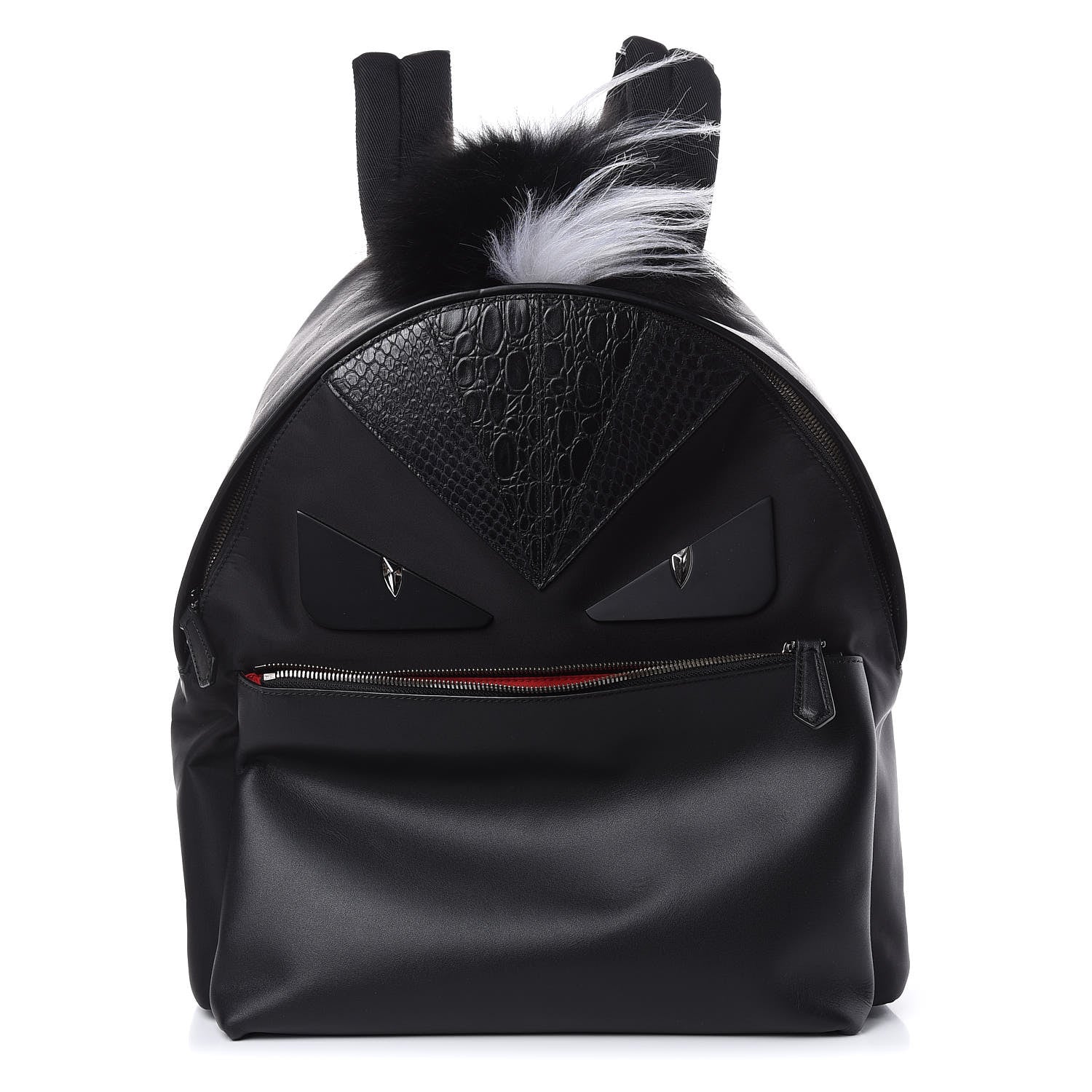 Fendi Vitello Century Nylon Crocodile Elaphe Fox Goat Fur Metal Monster Eyes Backpack Black 1 of 10