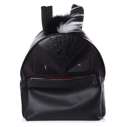 Fendi Vitello Century Nylon Crocodile Elaphe Fox Goat Fur Metal Monster Eyes Backpack Black 1 of 10