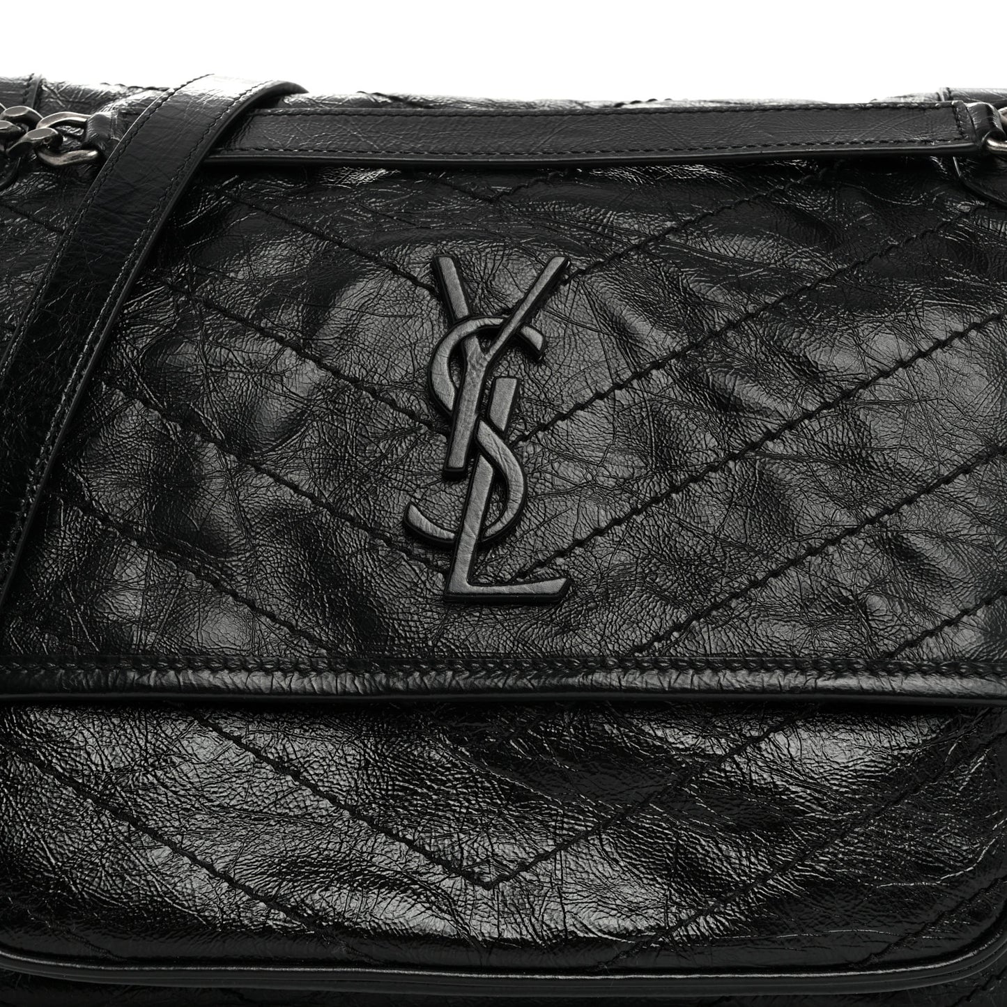 Crinkled Calfskin Matelasse Monogram Medium Niki Chain Satchel Black