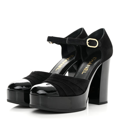 Chanel Patent Suede CC Platform Pumps 37.5 Black 3 of 13