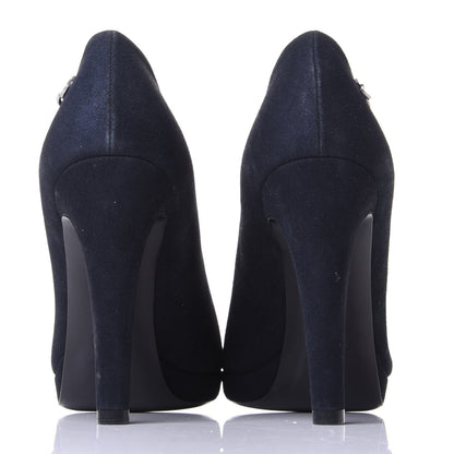 Chanel Suede Patent Calfskin Cap Toe CC Pumps 36.5 Navy 6 of 10