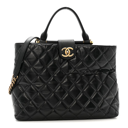 Chanel Glazed Calfskin Quilted Gold Bar Tote Black 1 of 13