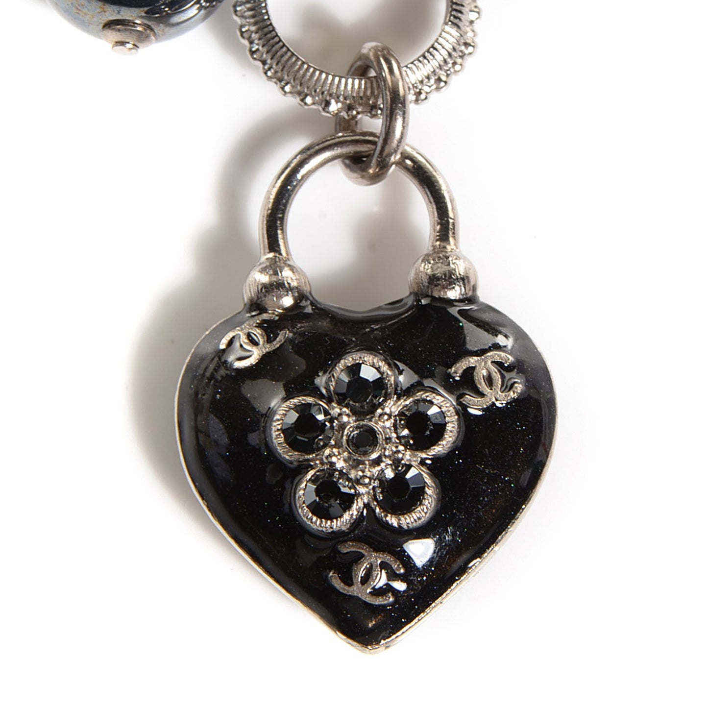 Crystal Heart Charm CC Necklace Silver Black