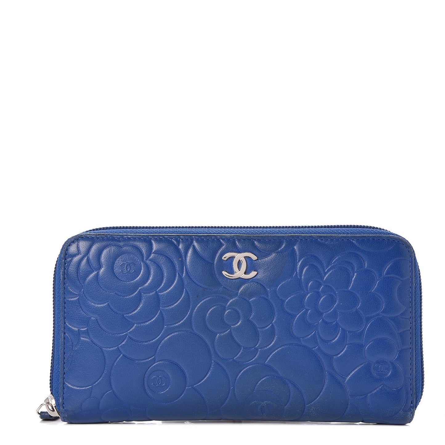 Lambskin Camellia Embossed Large Gusset Zip Around Wallet Blue