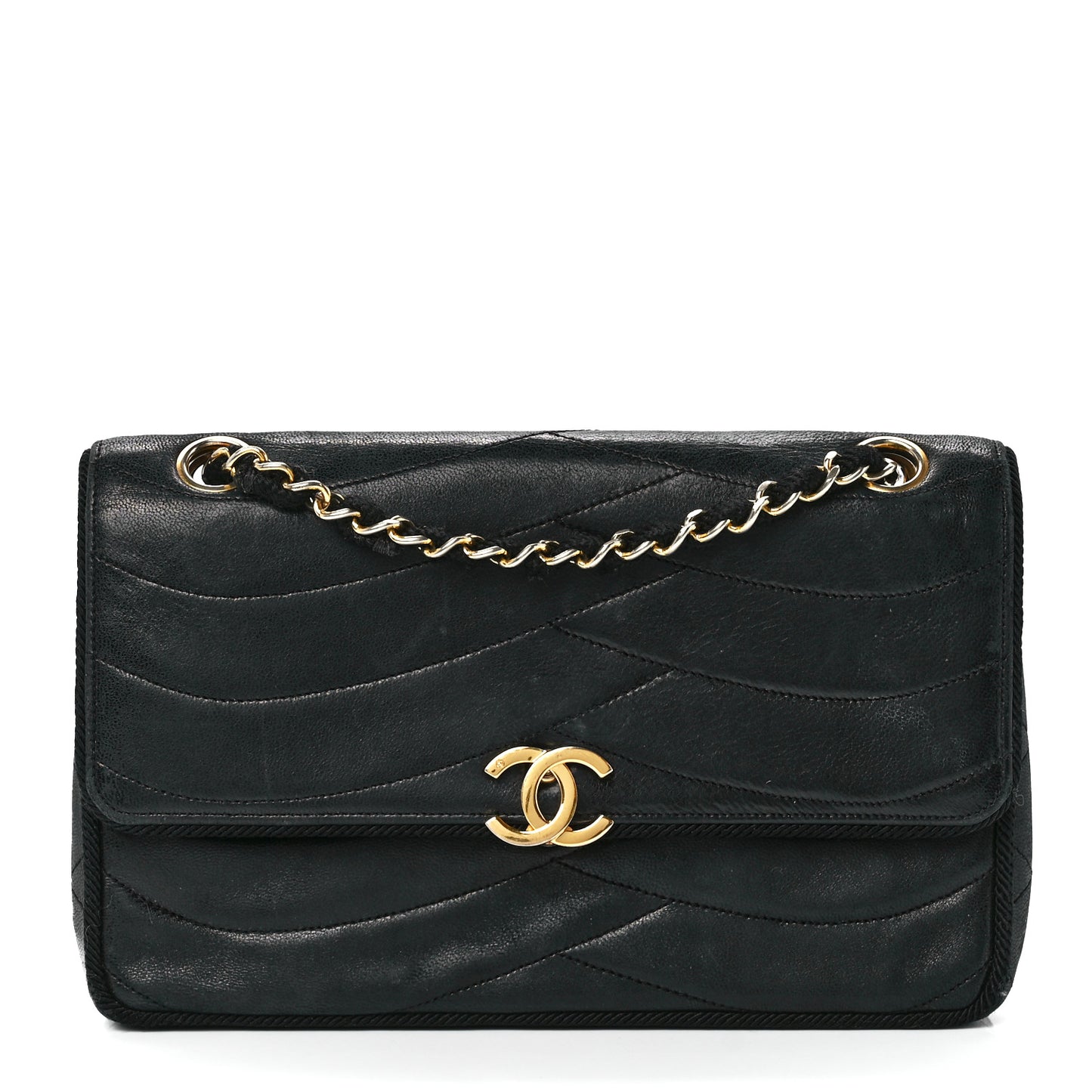 Lambskin Wavy Quilted Single Flap Black
