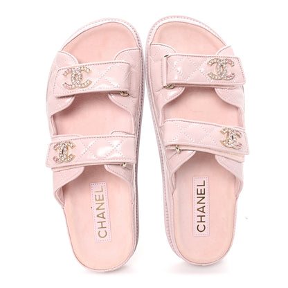 Chanel Shiny Calfskin Quilted Velcro Dad Crystal CC Slide Sandals 39 Light Pink 2 of 10