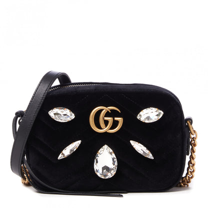 Gucci Velvet Matelasse Marquise Crystals Mini GG Marmont Chain Shoulder Bag Black 1 of 8