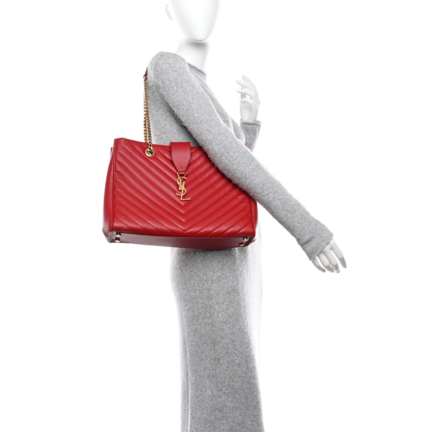 Saint Laurent Grain De Poudre Matelasse Chevron Monogram Shopping Bag Red 2 of 11