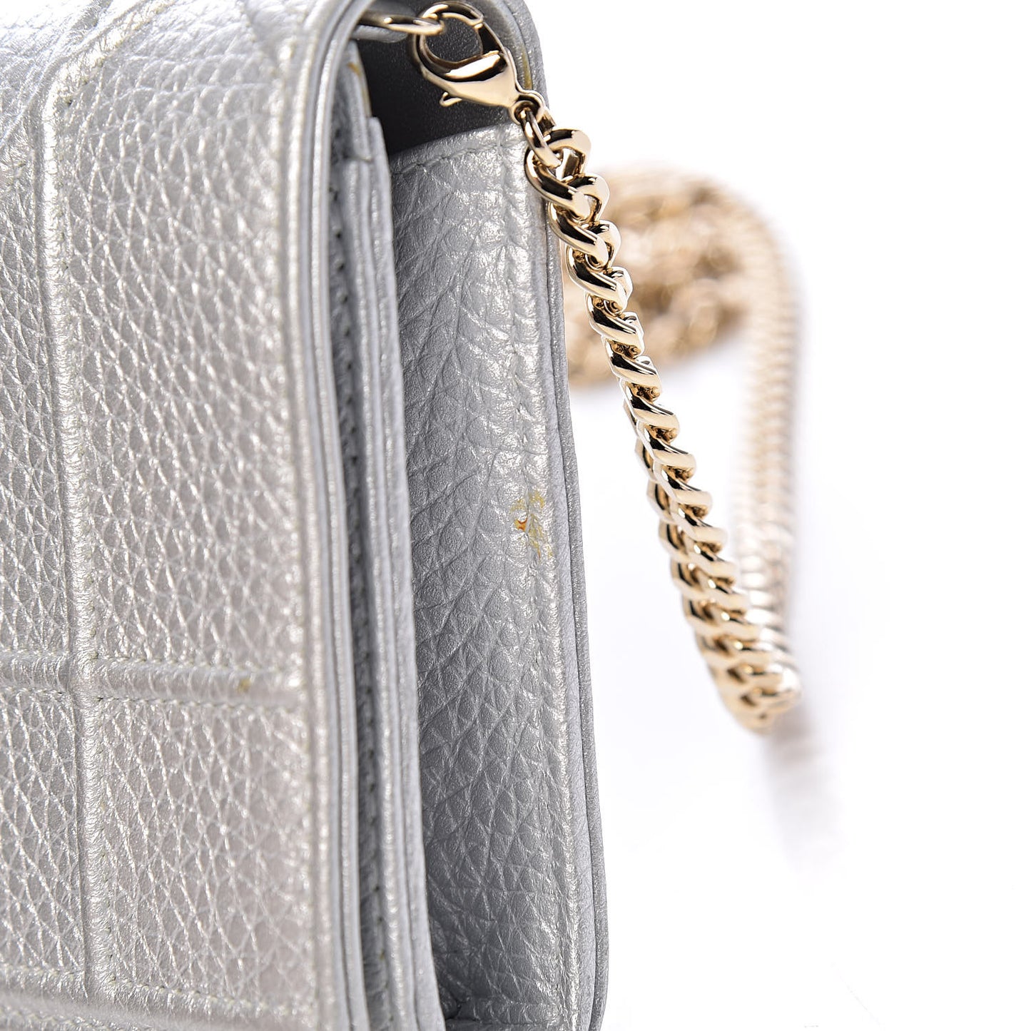 Metallic Grained Calfskin Diorama Croisiere Chain Wallet Silver