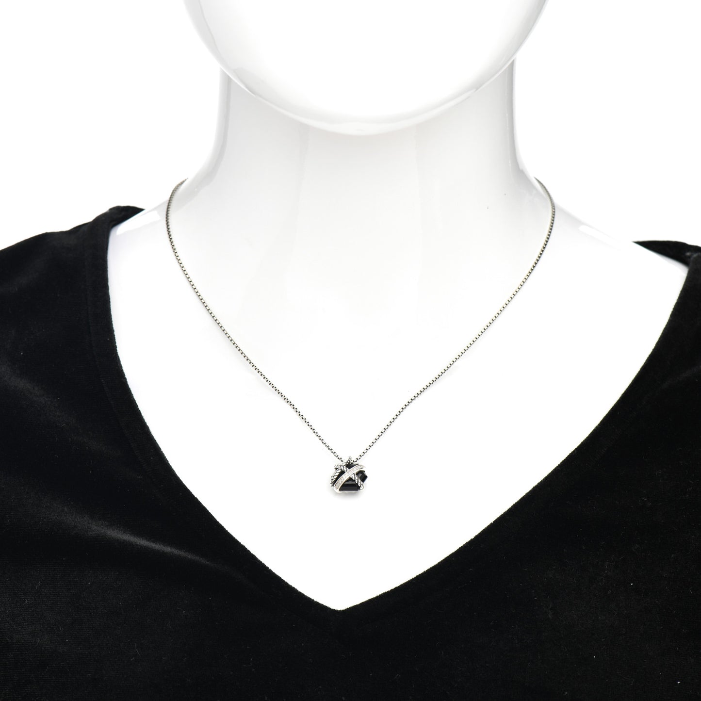 Sterling Silver Diamond Black Onyx 10mm Petite Cable Wrap Pendant Necklace