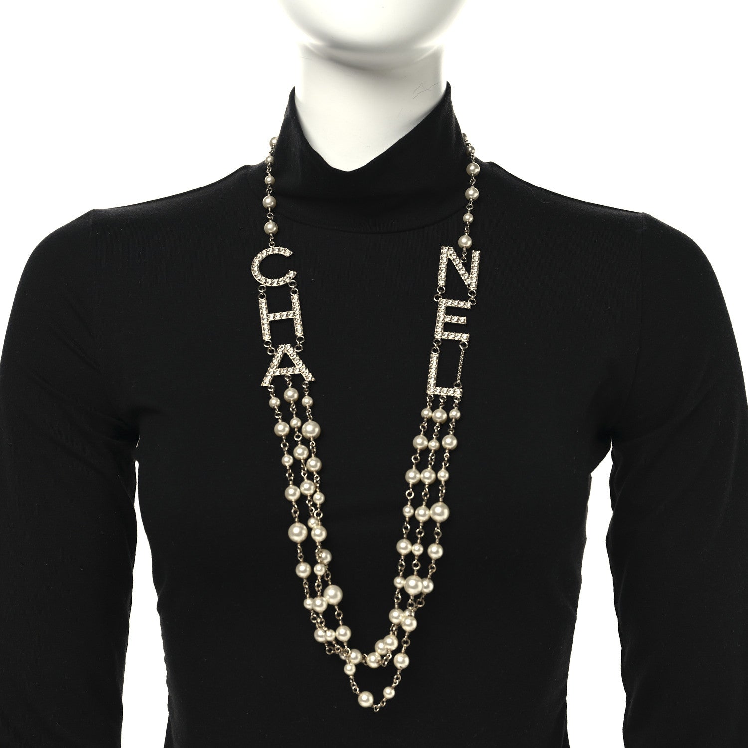 Chanel Pearl Crystal Cha-Nel Logo Necklace Gold 2 of 5