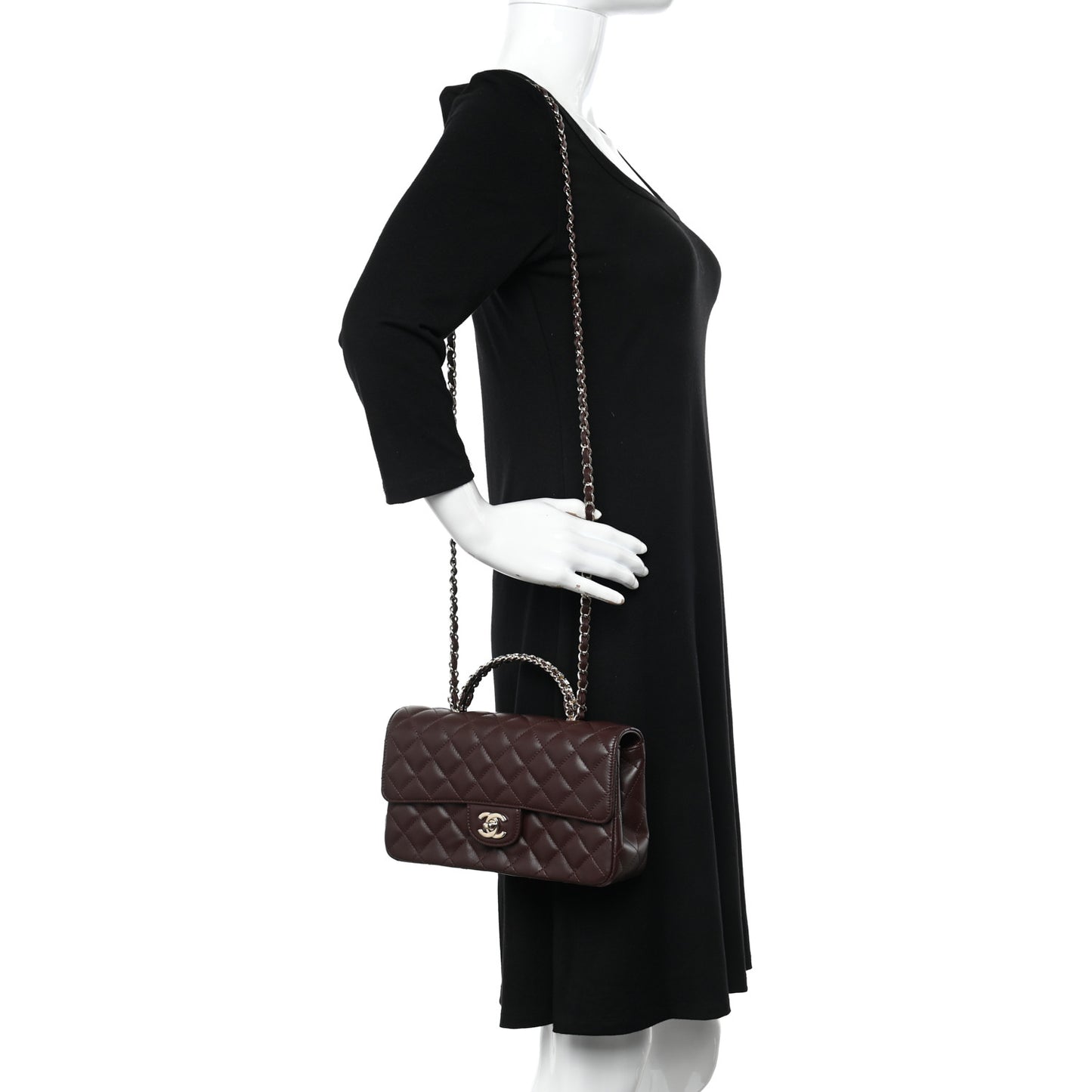 Lambskin Quilted Medium Crystal Top Handle Rectangular Flap Dark Brown
