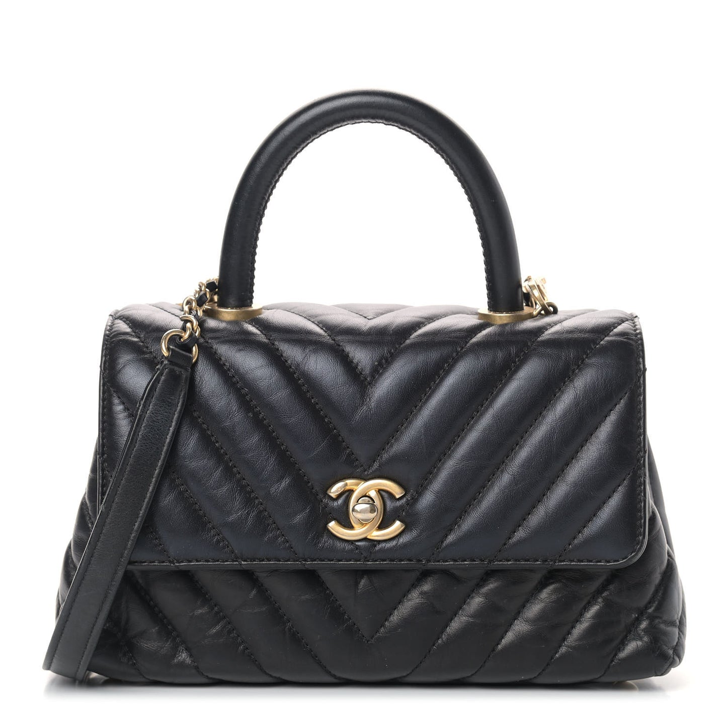 Aged Calfskin Chevron Quilted Mini Coco Handle Flap Black