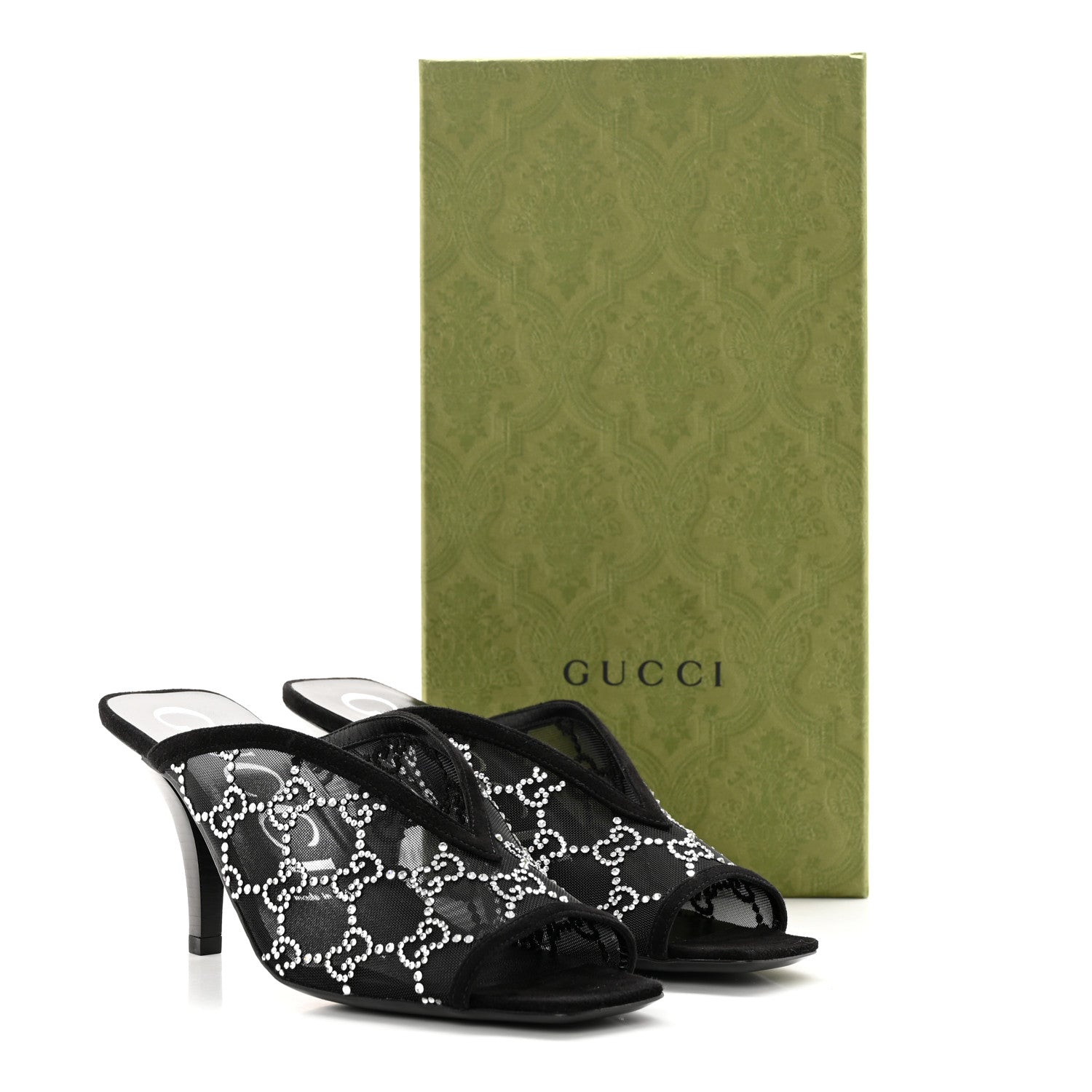 Gucci Tela Retino Kid Scamosciato Crystal GG Monogram Square G 95mm Slide Sandals 37.5 Black 12 of 12