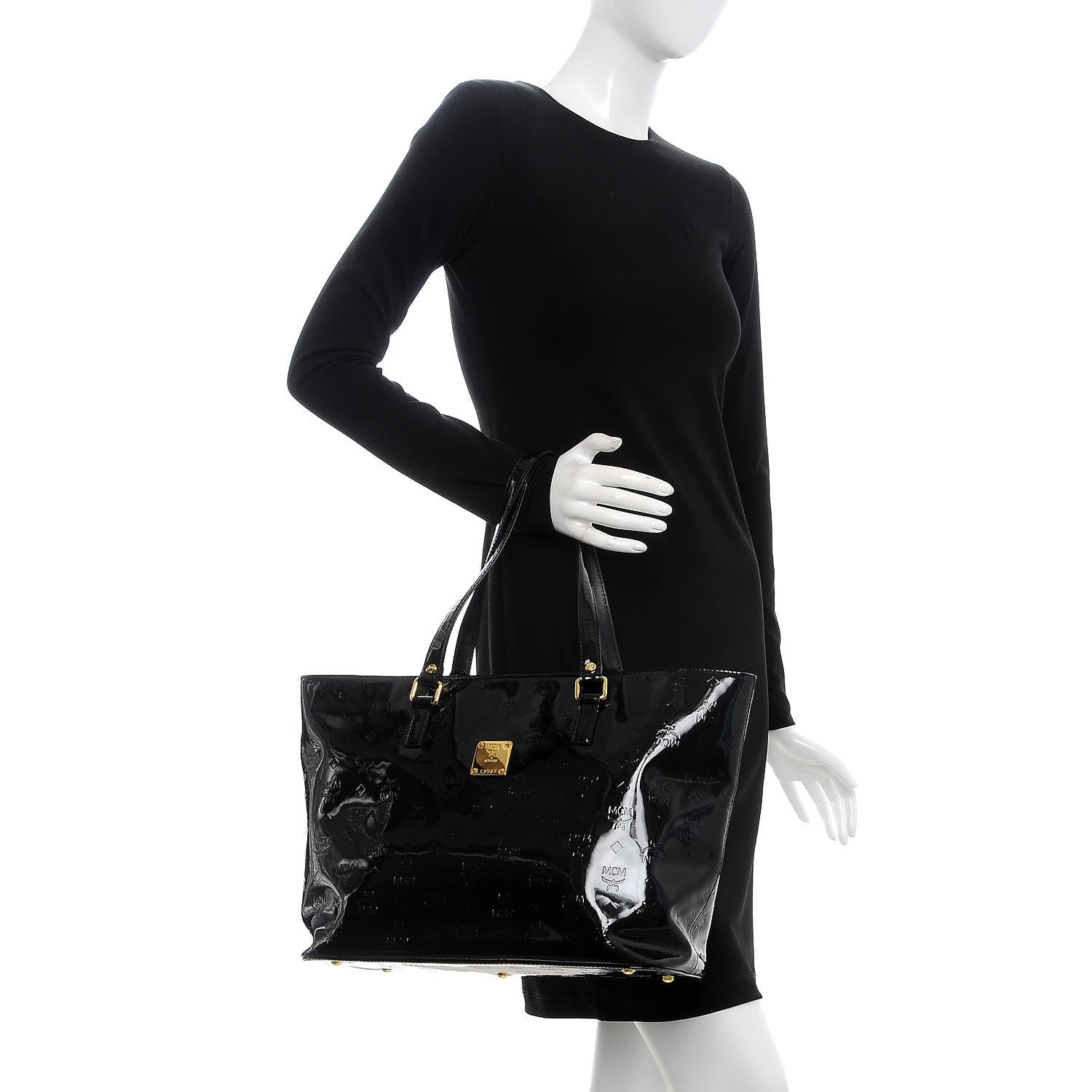 MCM Monogram Patent Shopping Tote Black 2 of 14