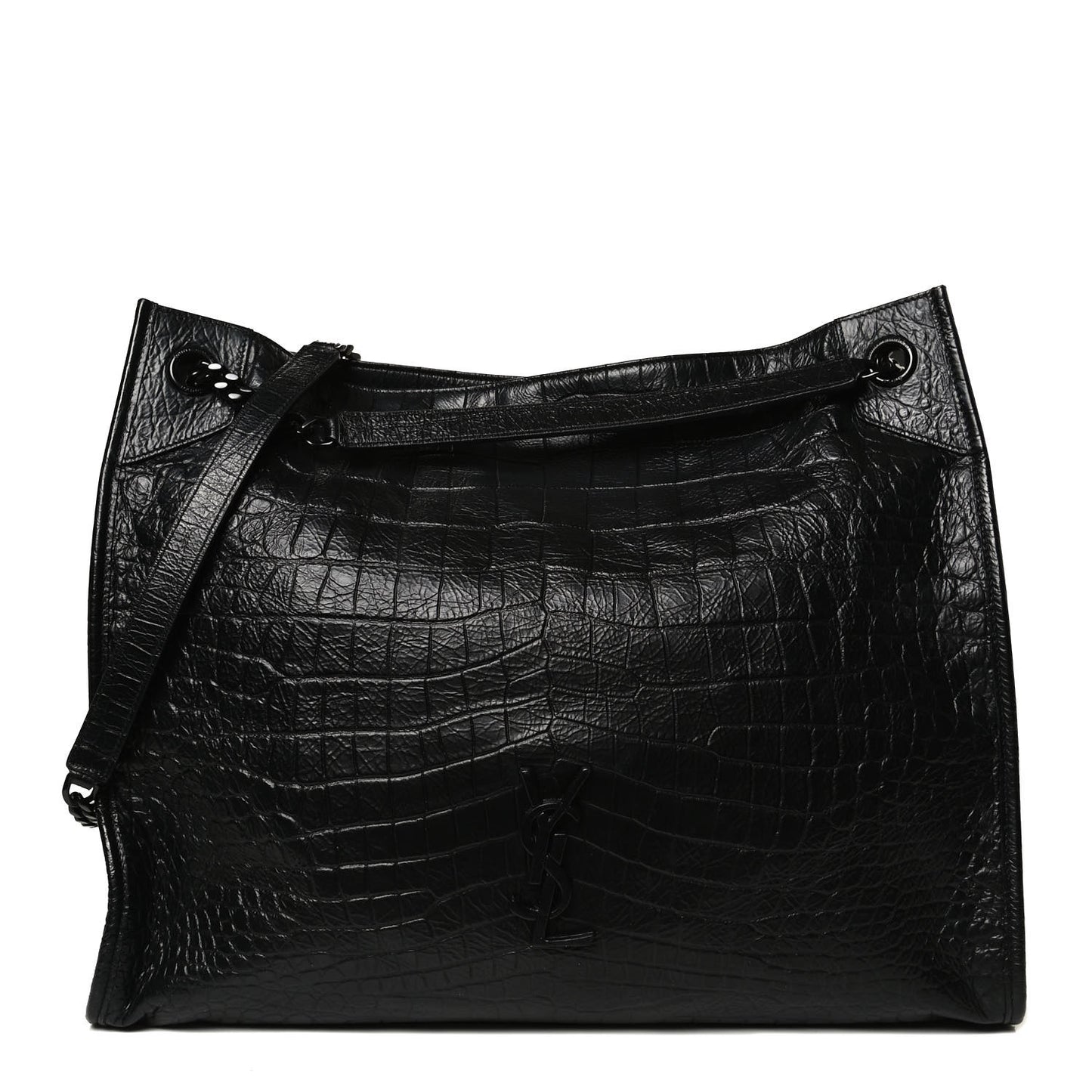 Calfskin Crocodile Embossed Monogram Large Niki Shopping Bag Black