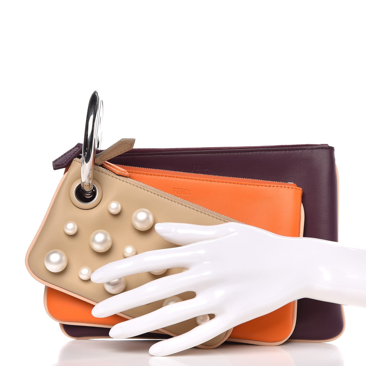 Fendi Calfskin Pearl F is Fendi Embellished Triplette Pouch Set Amido Papaya Amarone 2 of 10