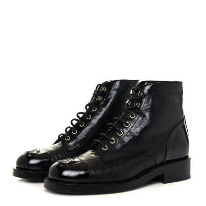 Chanel Crumpled Lambskin Shiny Calfskin Combat Boots 38.5 Black 3 of 8