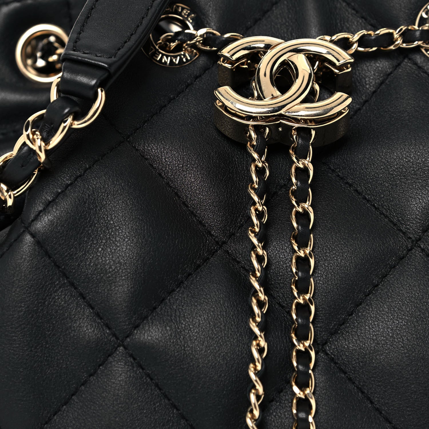 Chanel Lambskin Quilted Chain Drawstring Bag Black 8 of 12