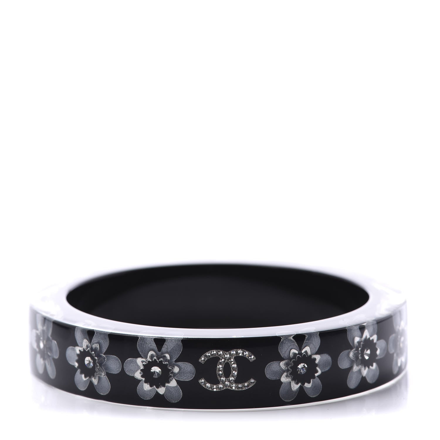 Chanel Resin Crystal CC Floral Bangle Bracelet Black 1 of 8