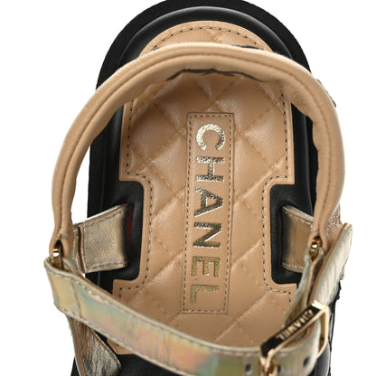 Chanel Lambskin Logo Platform Sandals 38.5 Beige Gold White 7 of 8