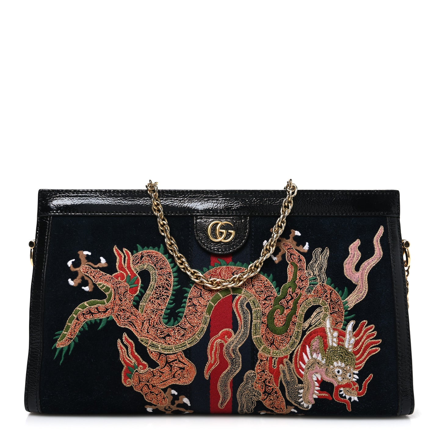 Suede Patent Web Dragon Embroidered Medium Ophidia Chain Shoulder Bag Blue Multicolor Black