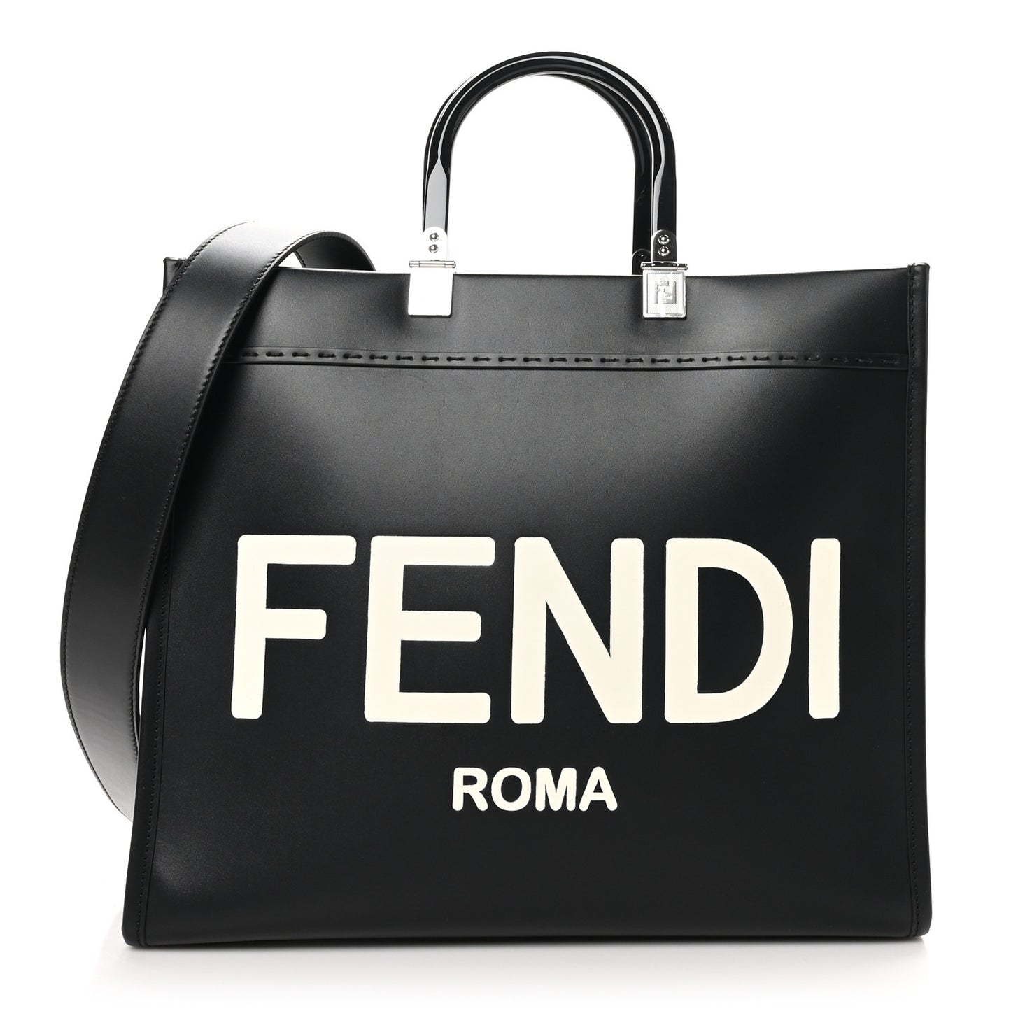 Vitello King Plexiglass Logo Embossed Medium Fendi Sunshine Shopper Tote Black White