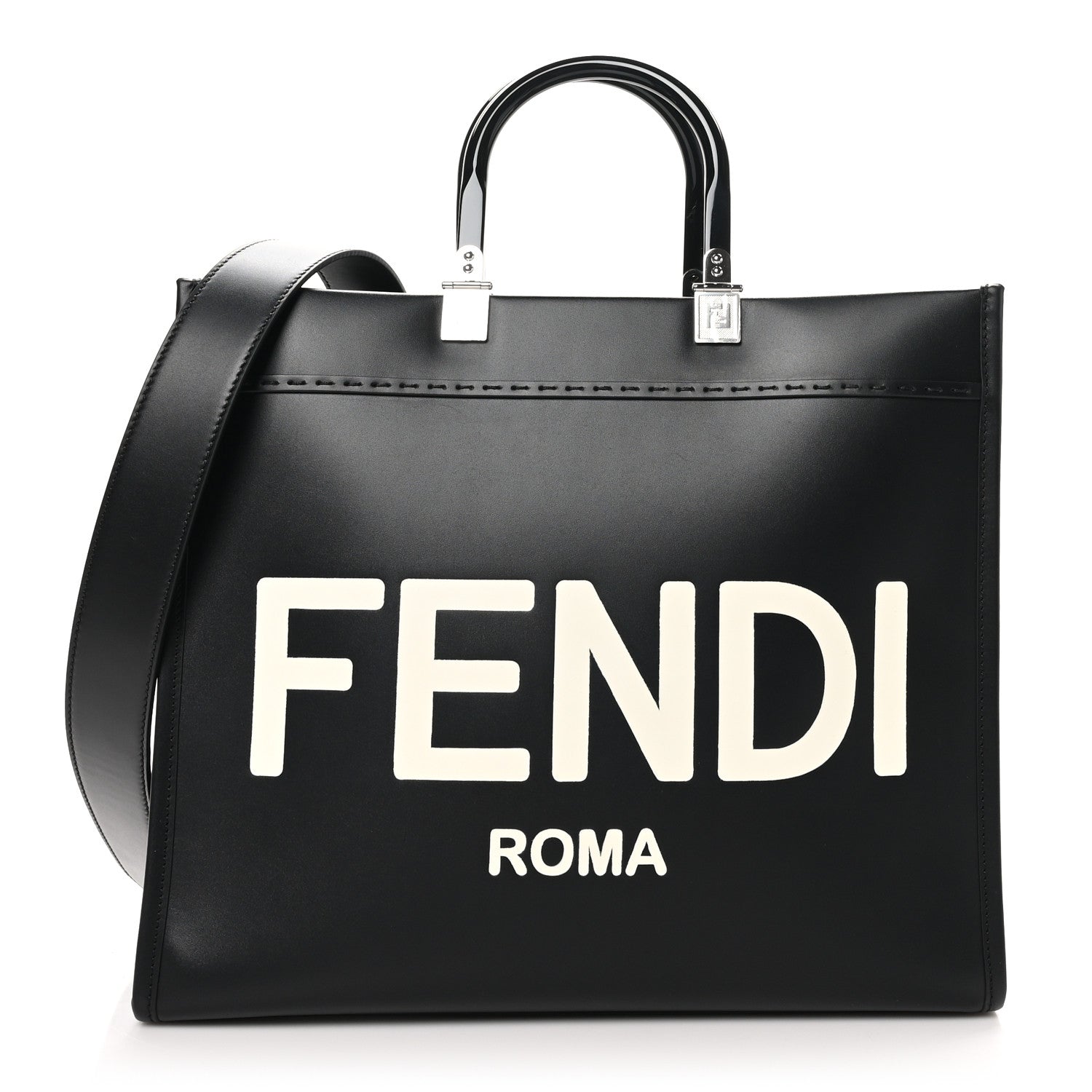 Fendi Vitello King Plexiglass Logo Embossed Medium Fendi Sunshine Shopper Tote Black White 1 of 9