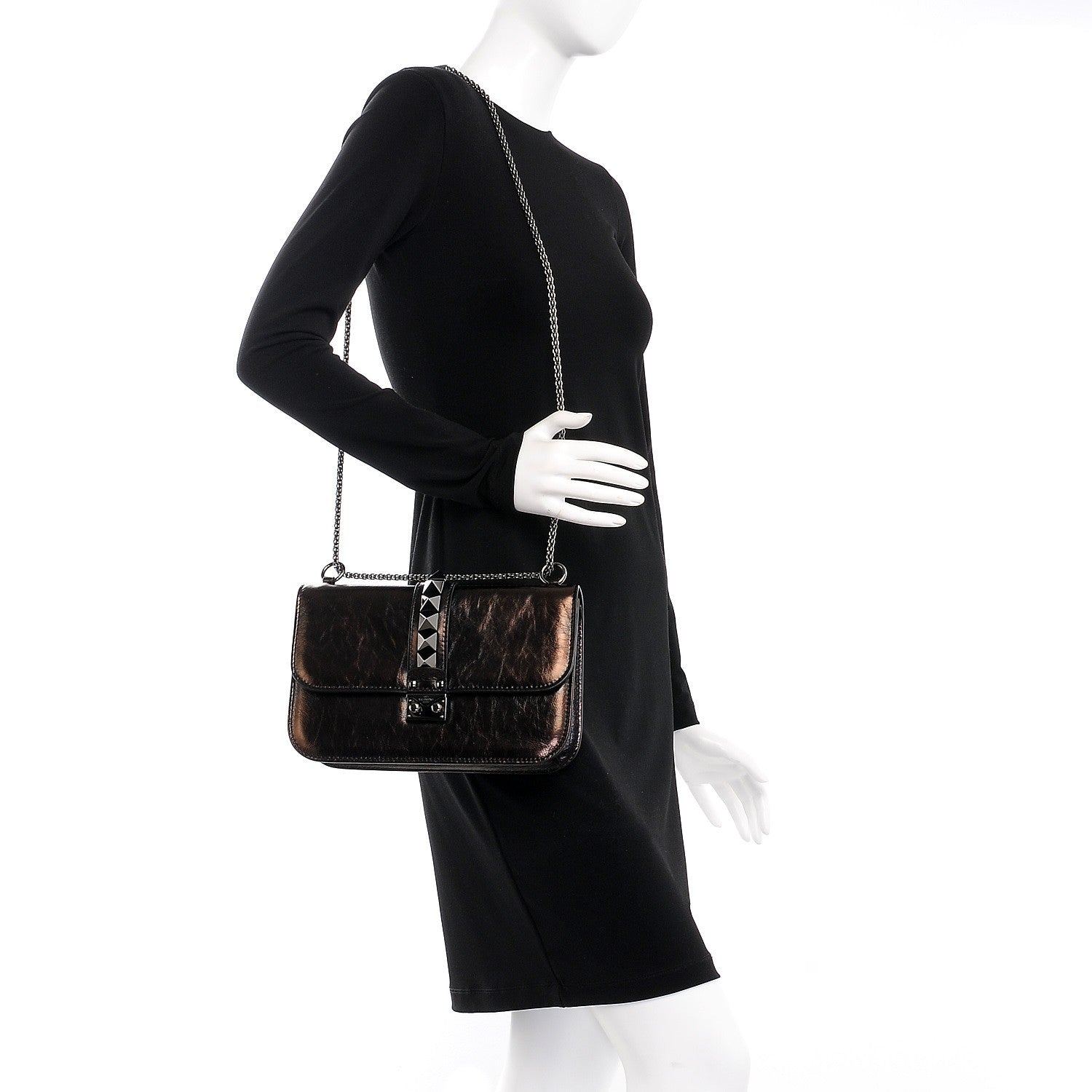 Valentino Garavani Craquele Calfskin Medium Glam Lock Rockstud Flap Black 2 of 6