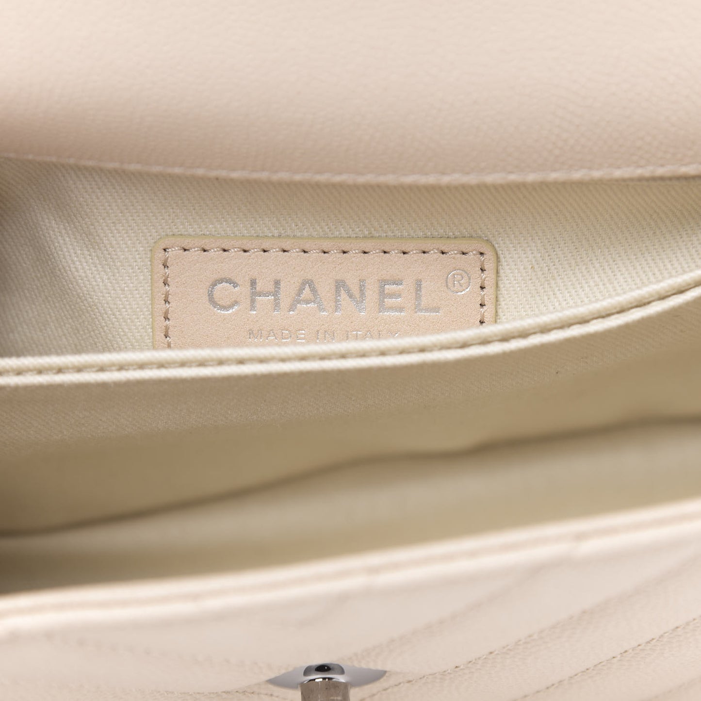 Caviar Chevron Quilted Mini Coco Handle Flap Beige
