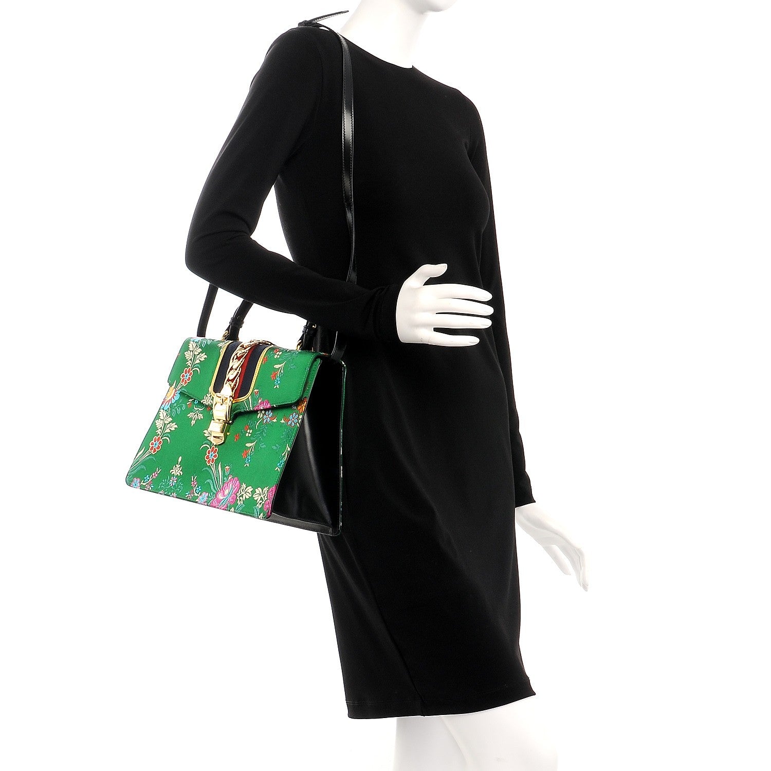 Gucci Jacquard Floral Medium Sylvie Top Handle Bag Green Multicolor Black 2 of 16