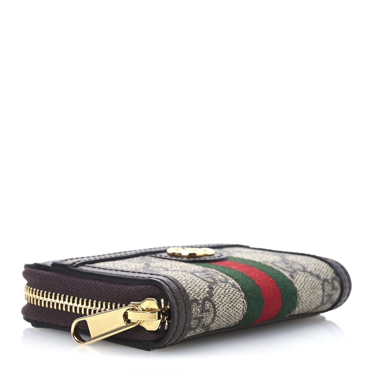 Gucci GG Supreme Monogram Textured Dollar Calfskin Web Ophidia Zip Around Card Case Wallet Beige Ebony New Acero 4 of 9