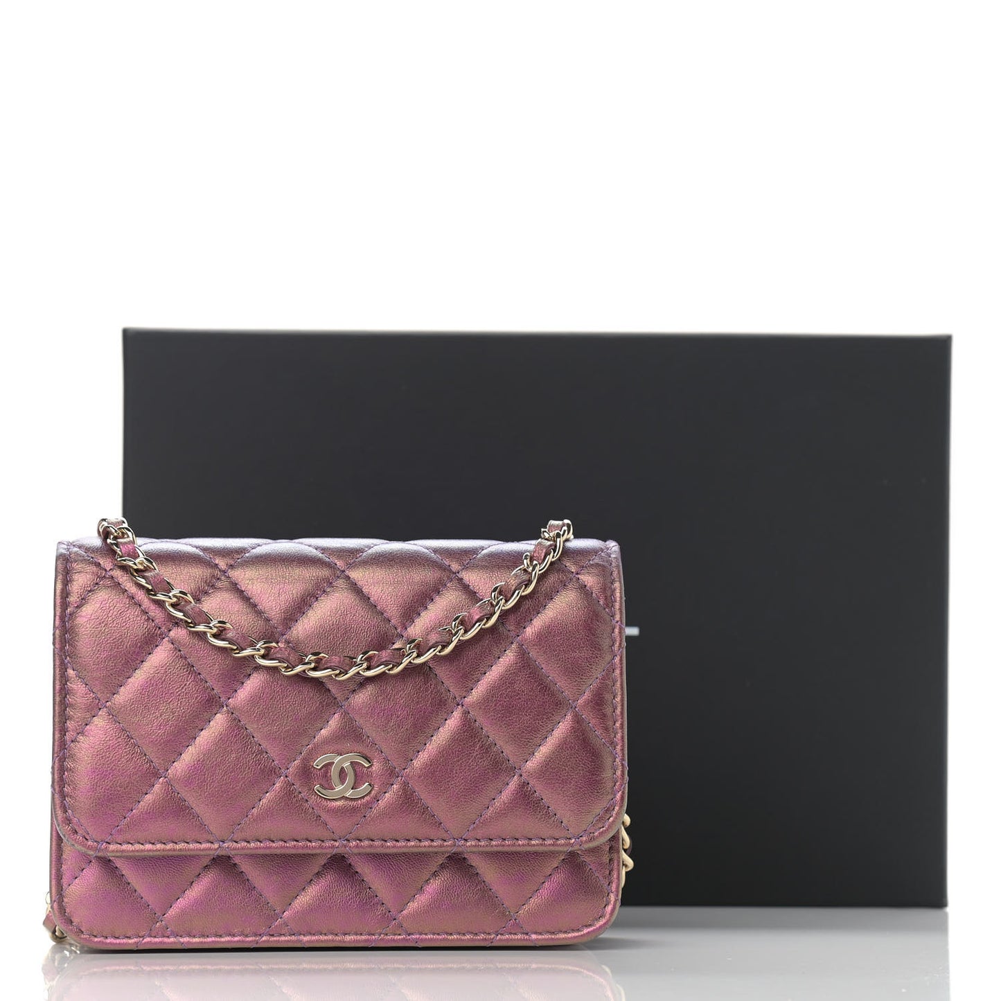 Iridescent Lambskin Quilted Mini Wallet On Chain WOC Purple